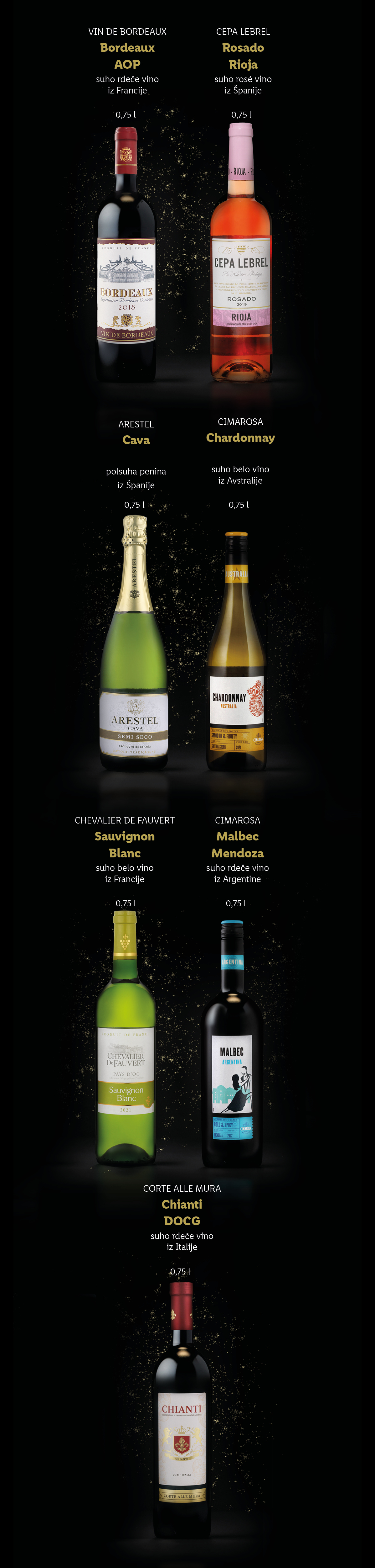 Bordeaux vina, Rosado Rioja, Cava, Chardonnay, Sauvignon Blanc, Malbec.