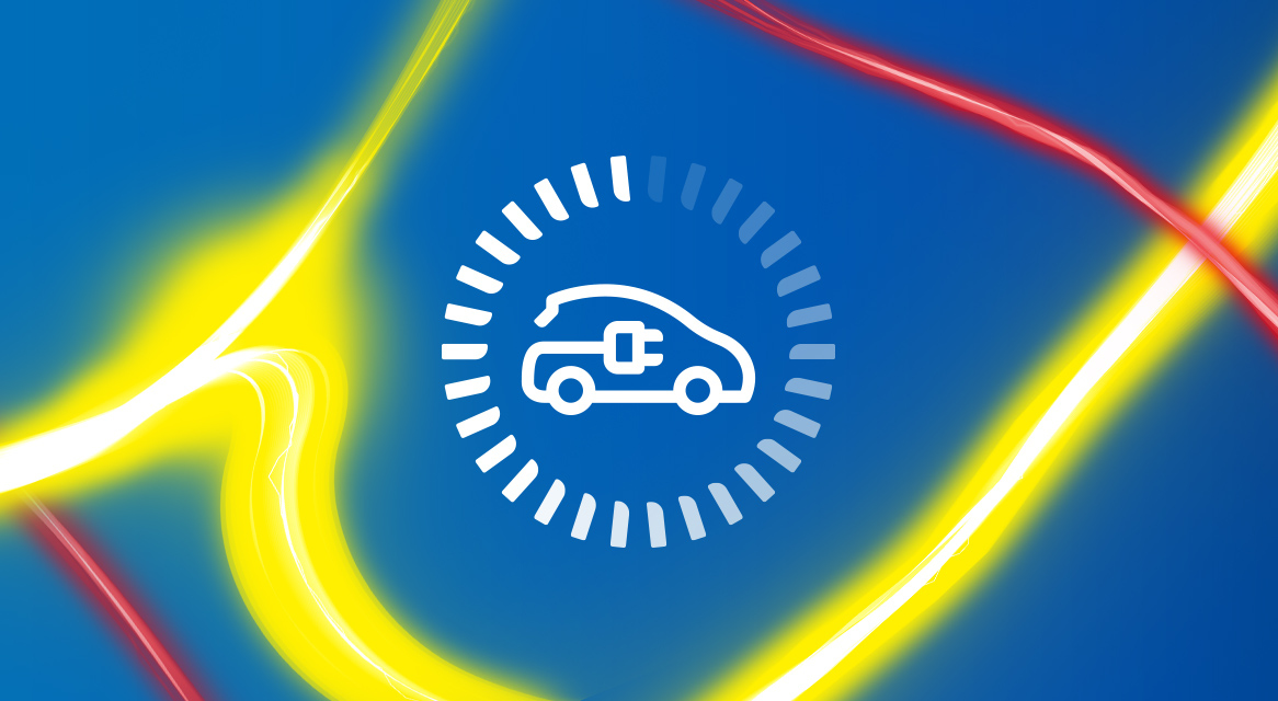 Ikona električnega avtomobila z rumenimi in rdečimi svetlobnimi črtami.