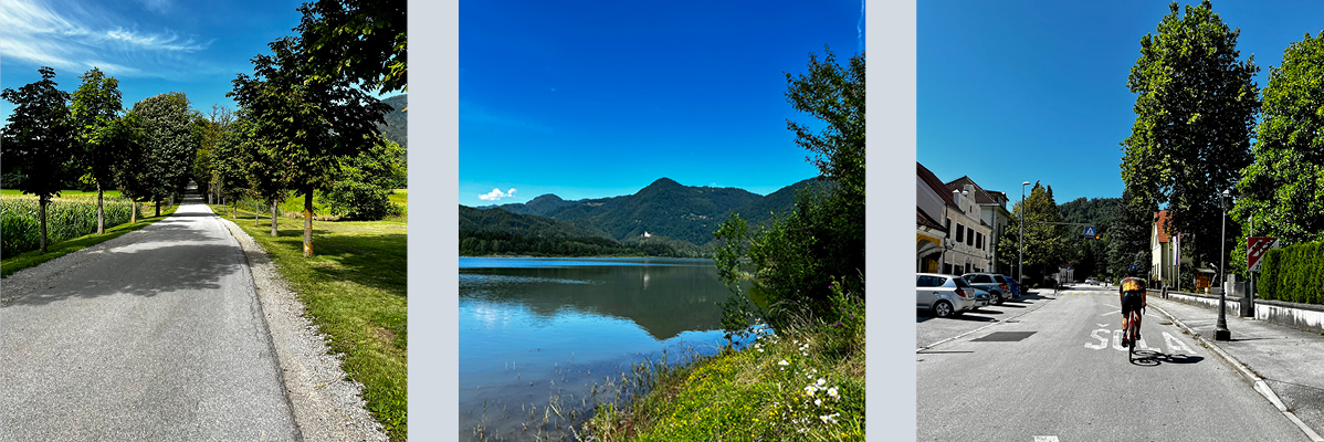 Kolesar, cesta, jezero in zelena pokrajina.
