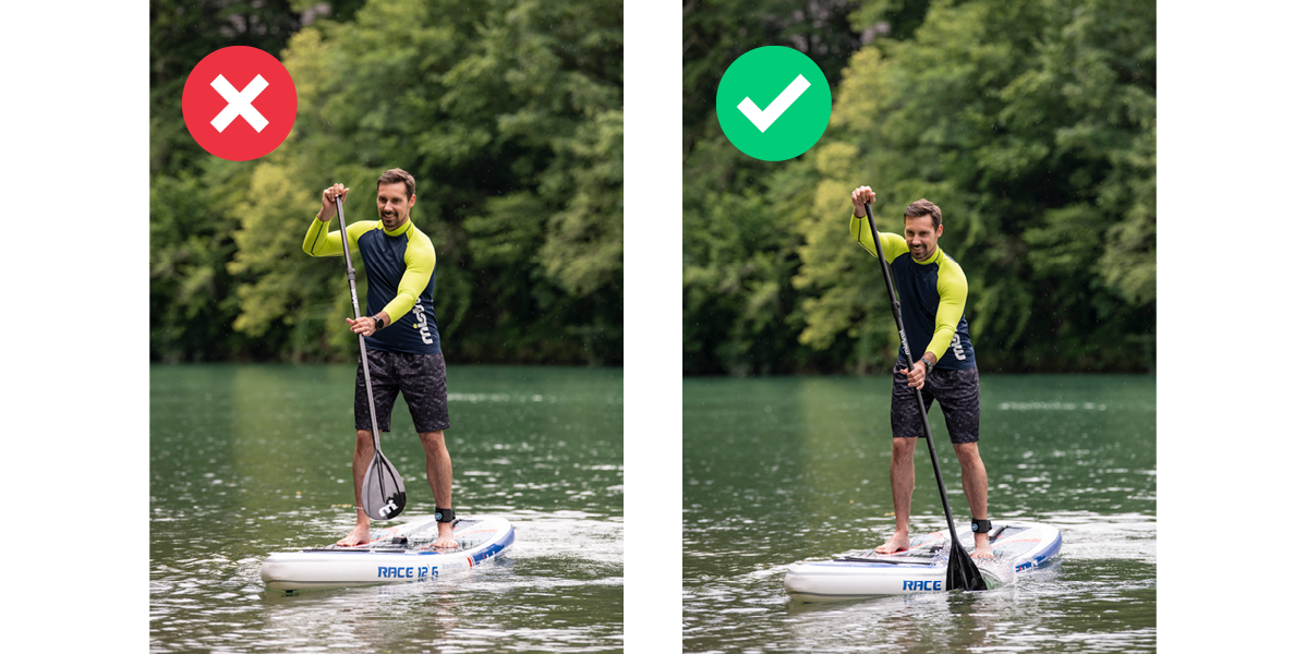 Deska za veslanje in veslo: pravilen in nepravilen položaj.