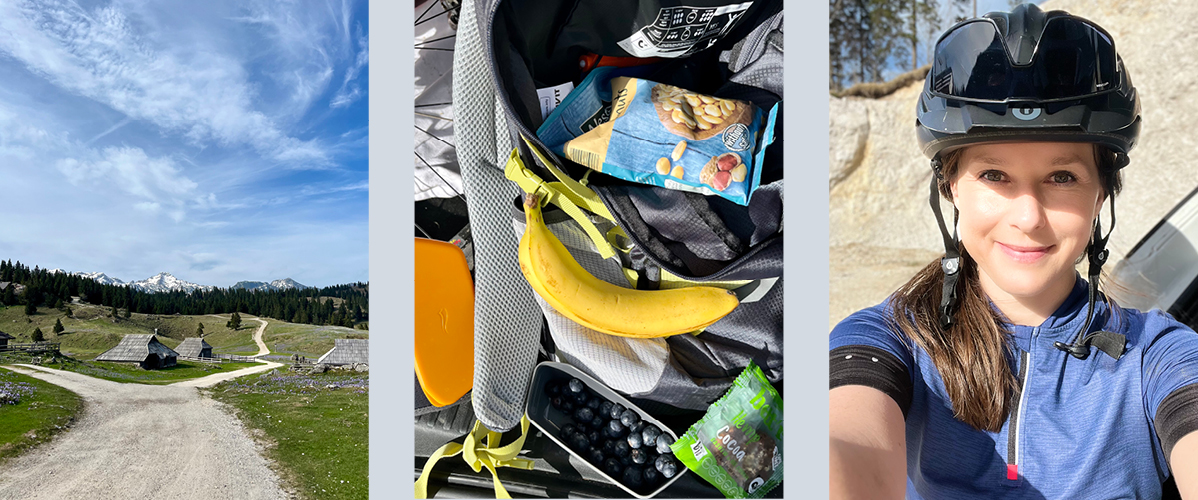Kolesarski izlet: banana, borovnice, orehi in čelada.