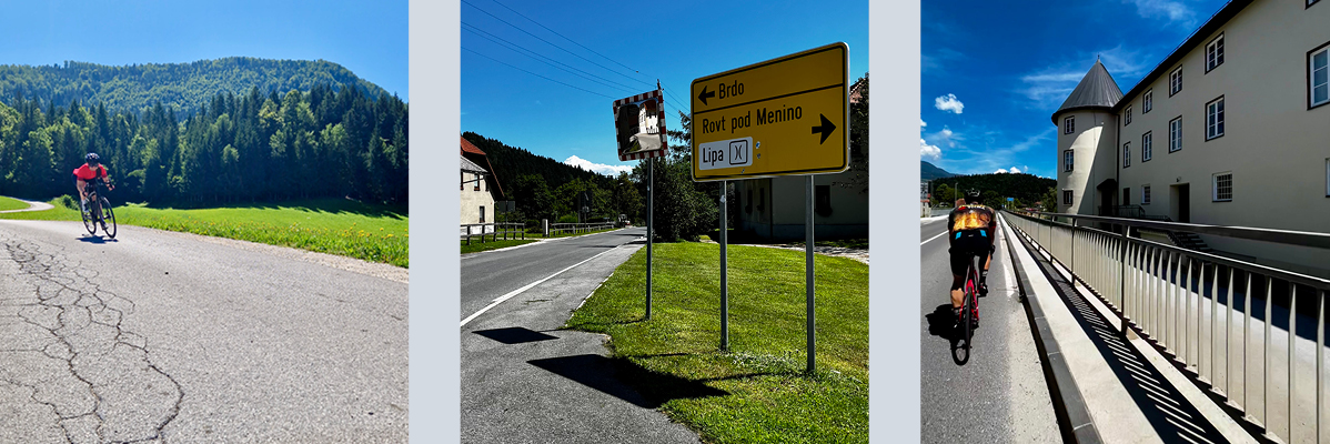 Kolesarji na cesti, prometni znaki in grad.