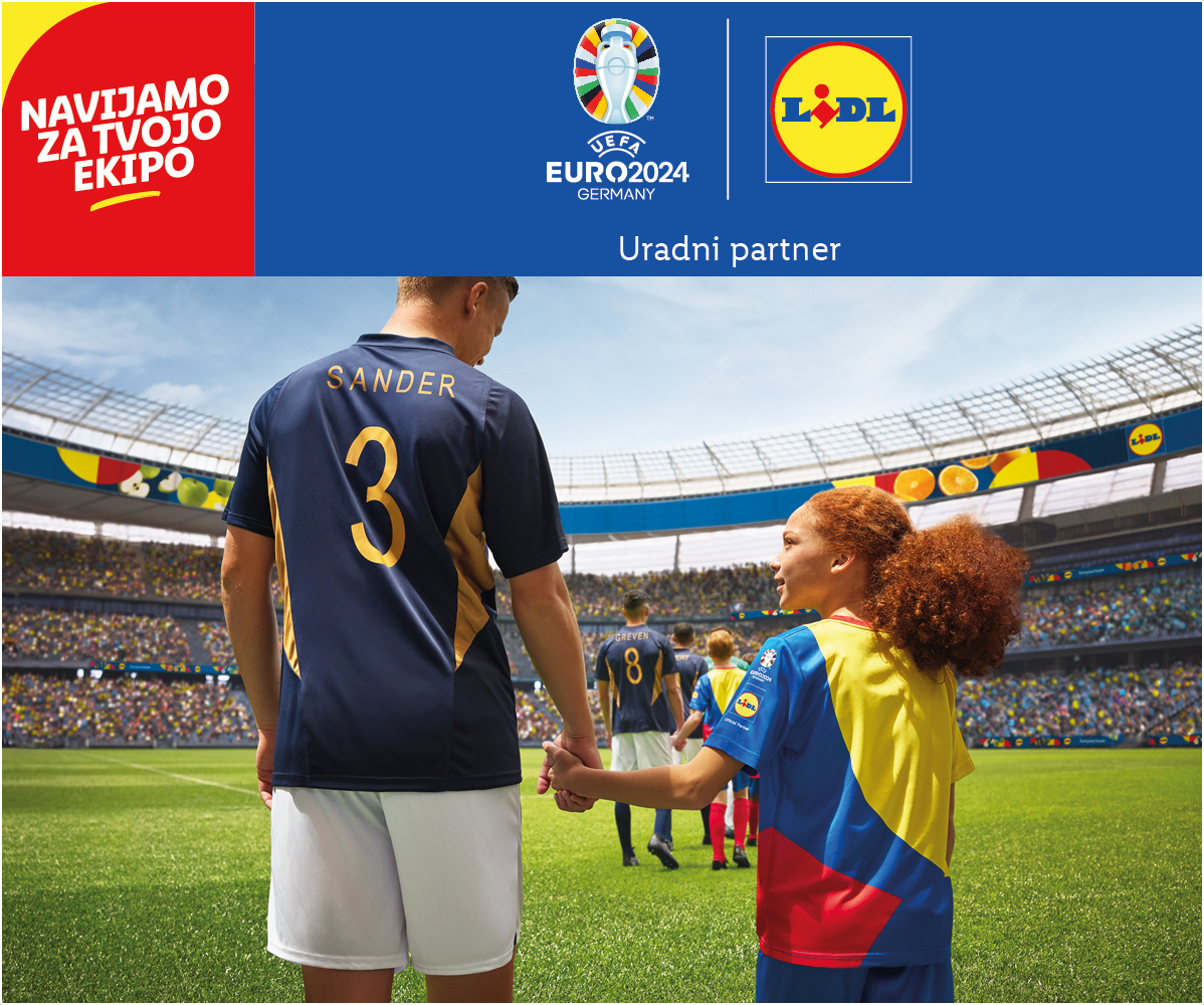 Lidl, partner UEFA EURO2024: odrasel in otrok v nogometnih dresih.
