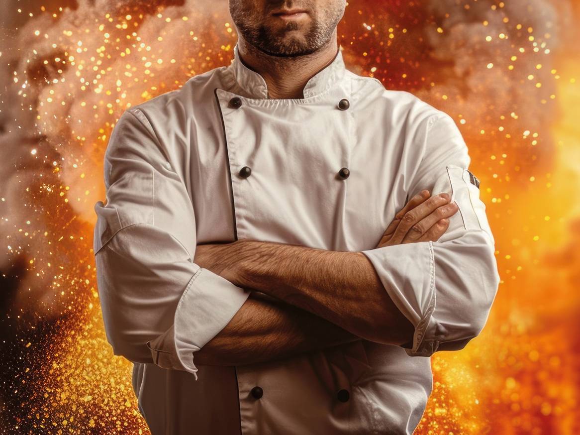 Kuhar v beli uniformi s prekrižanimi rokami pred eksplozijo začimb.