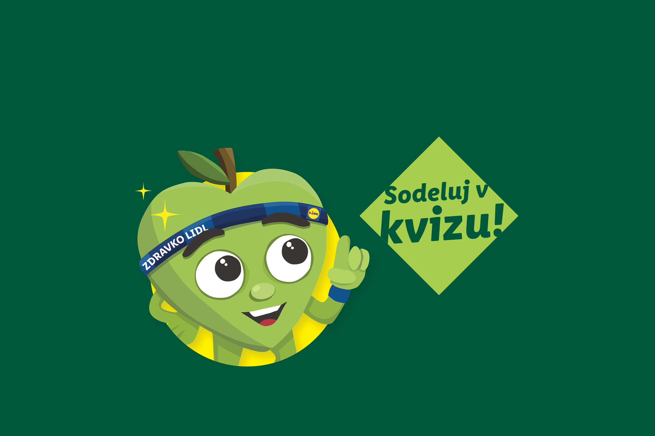 Zeleno jabolko z naglavnim trakom in napisom »Sodeluj v kvizu!«