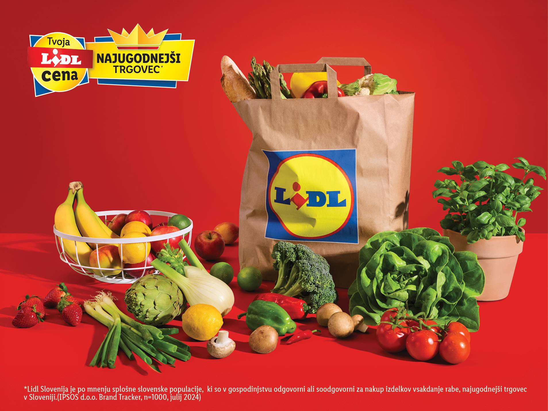 Lidl nakupovalna torba z zelenjavo, sadjem in drugimi živili na rdečem ozadju.