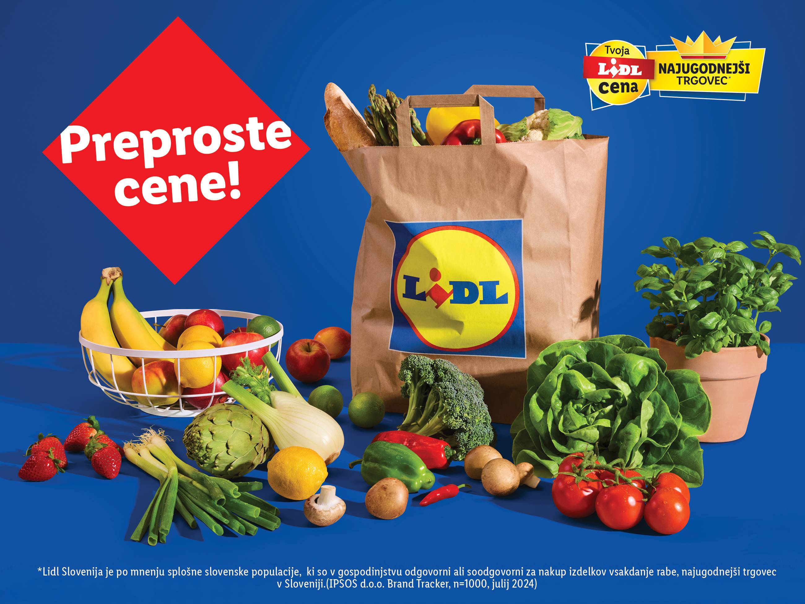 Lidl nakupovalna torba z zelenjavo in sadjem; preproste cene.