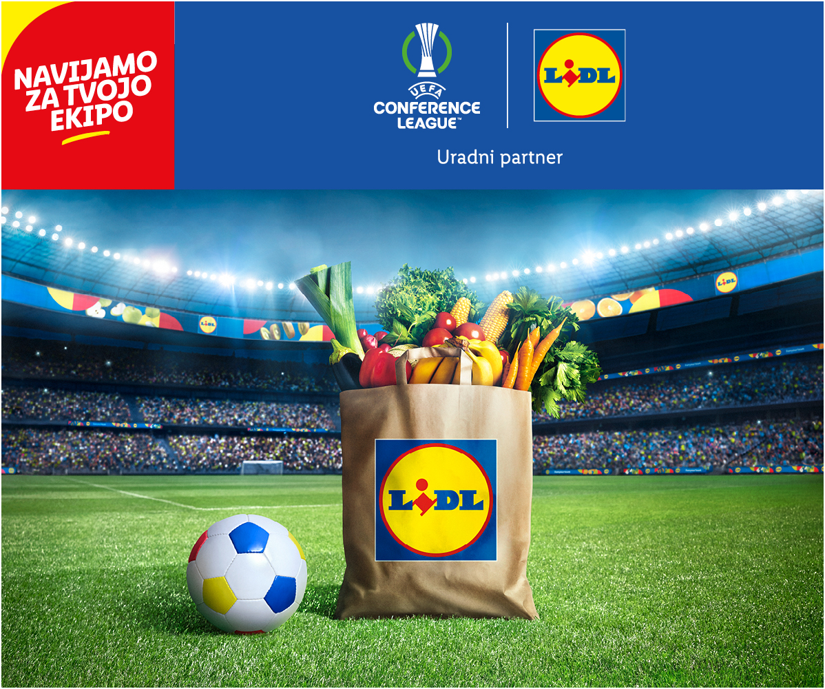 Lidl, UEFA Konferenčna liga: sadje, zelenjava in nogometna žoga.