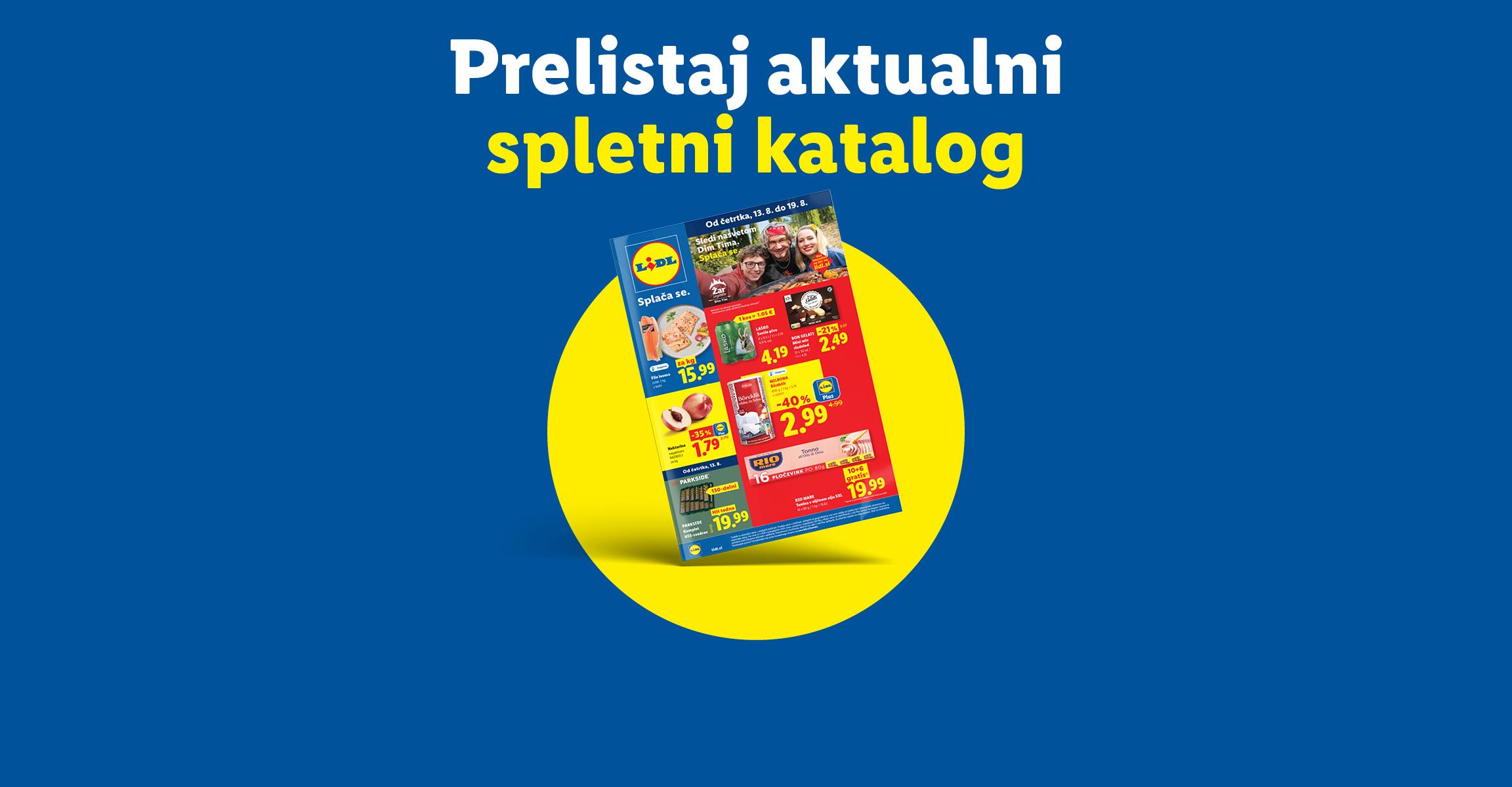 Lidl katalog z akcijskimi ponudbami, vključno z ribami, pijačami, sladoledom, breskvami in orodjem.