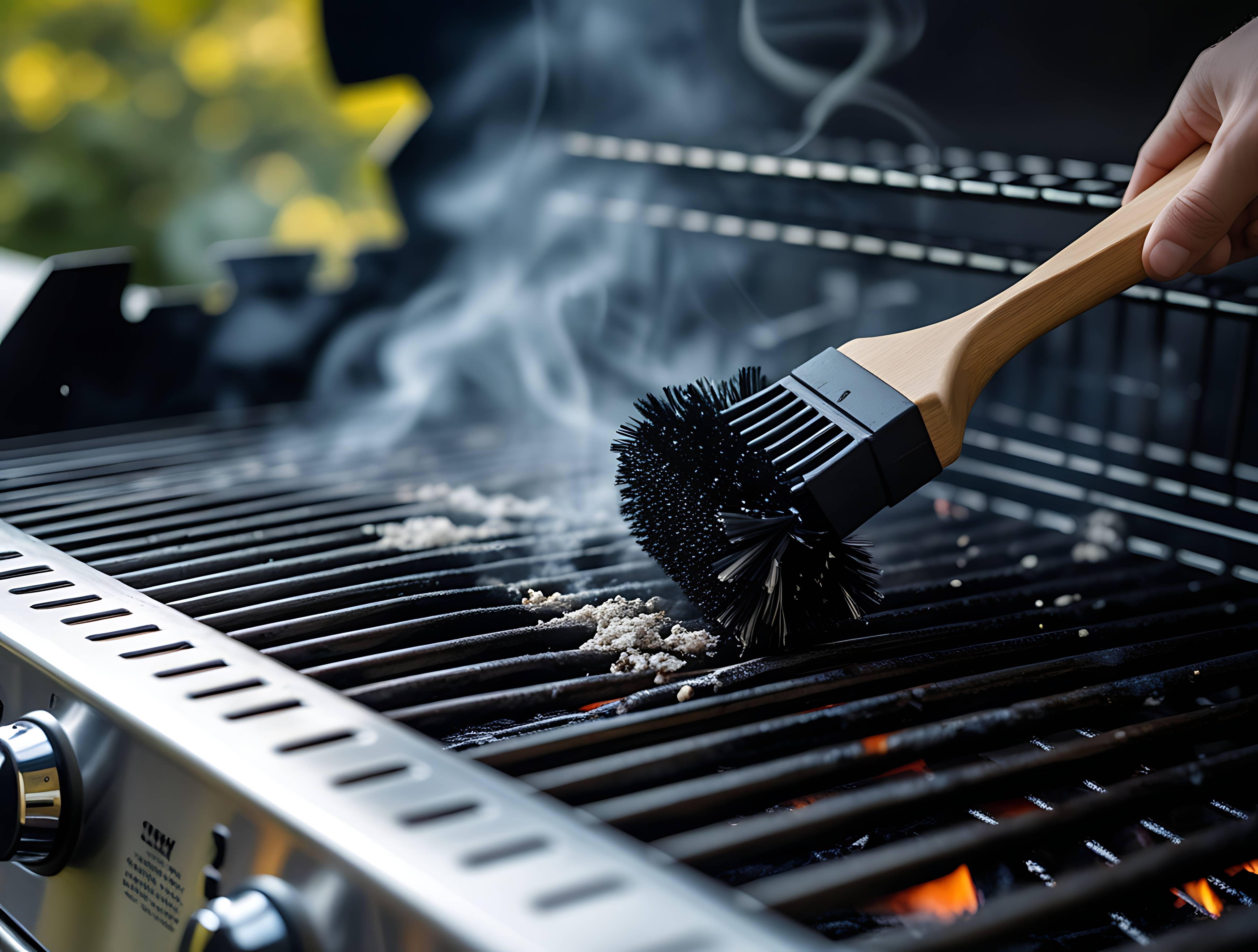 Čiščenje žara s krtačo, vidni so ostanki hrane in dim.