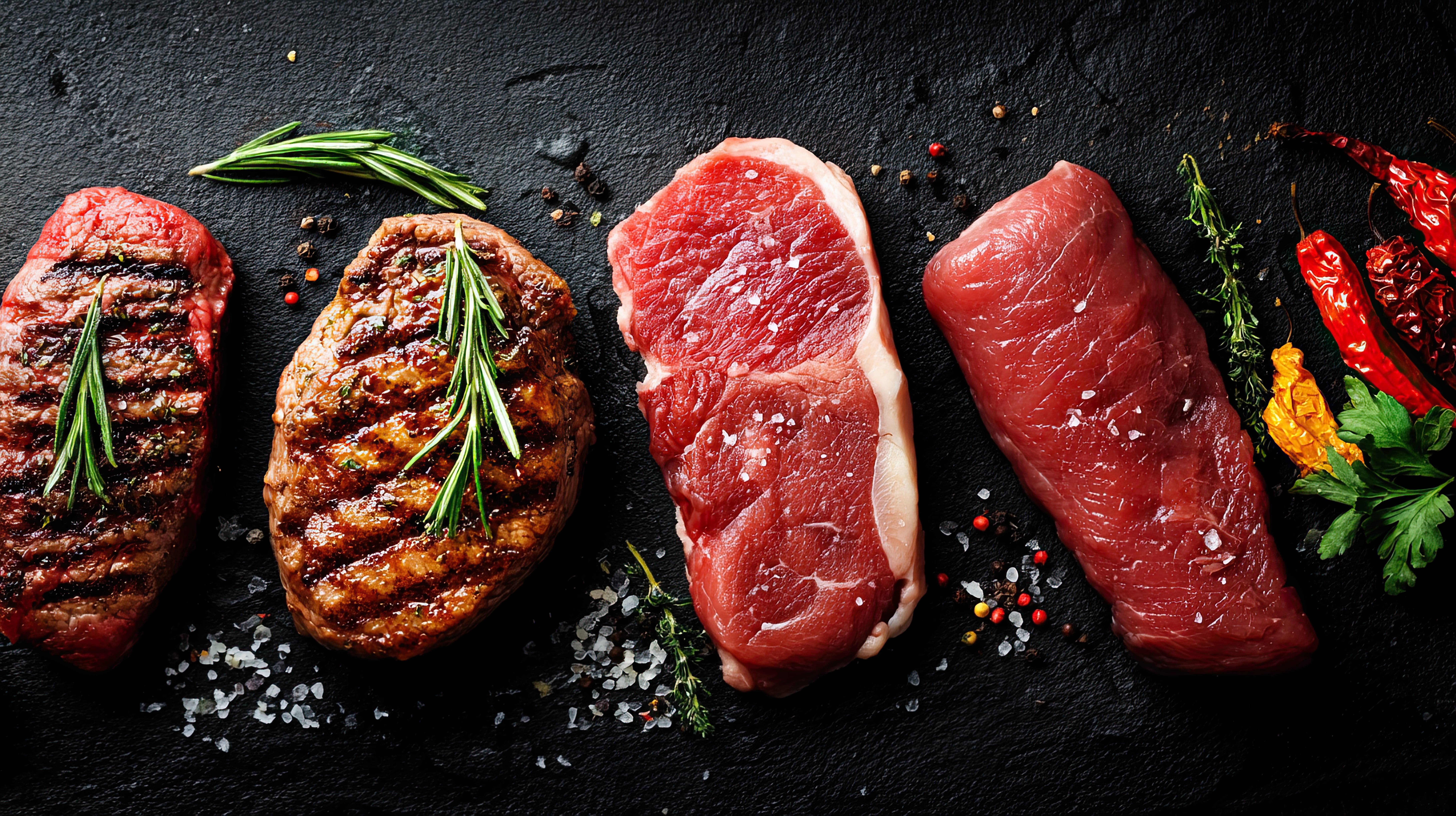 Surovi in pečeni zrezki z rožmarinom, poprom in čilijem na črni podlagi.