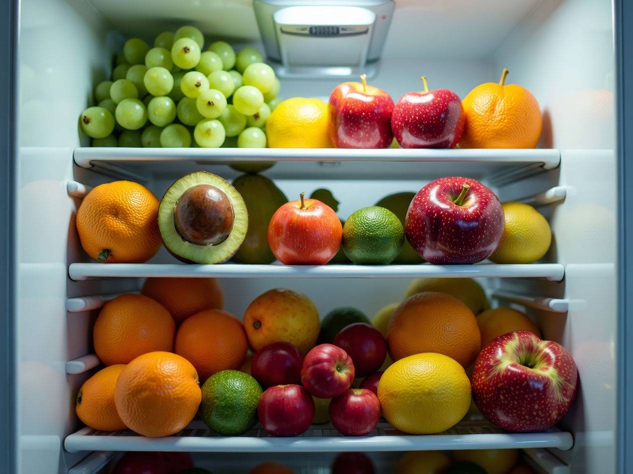 Zeleno grozdje, jabolka, pomaranče, avokado v hladilniku.