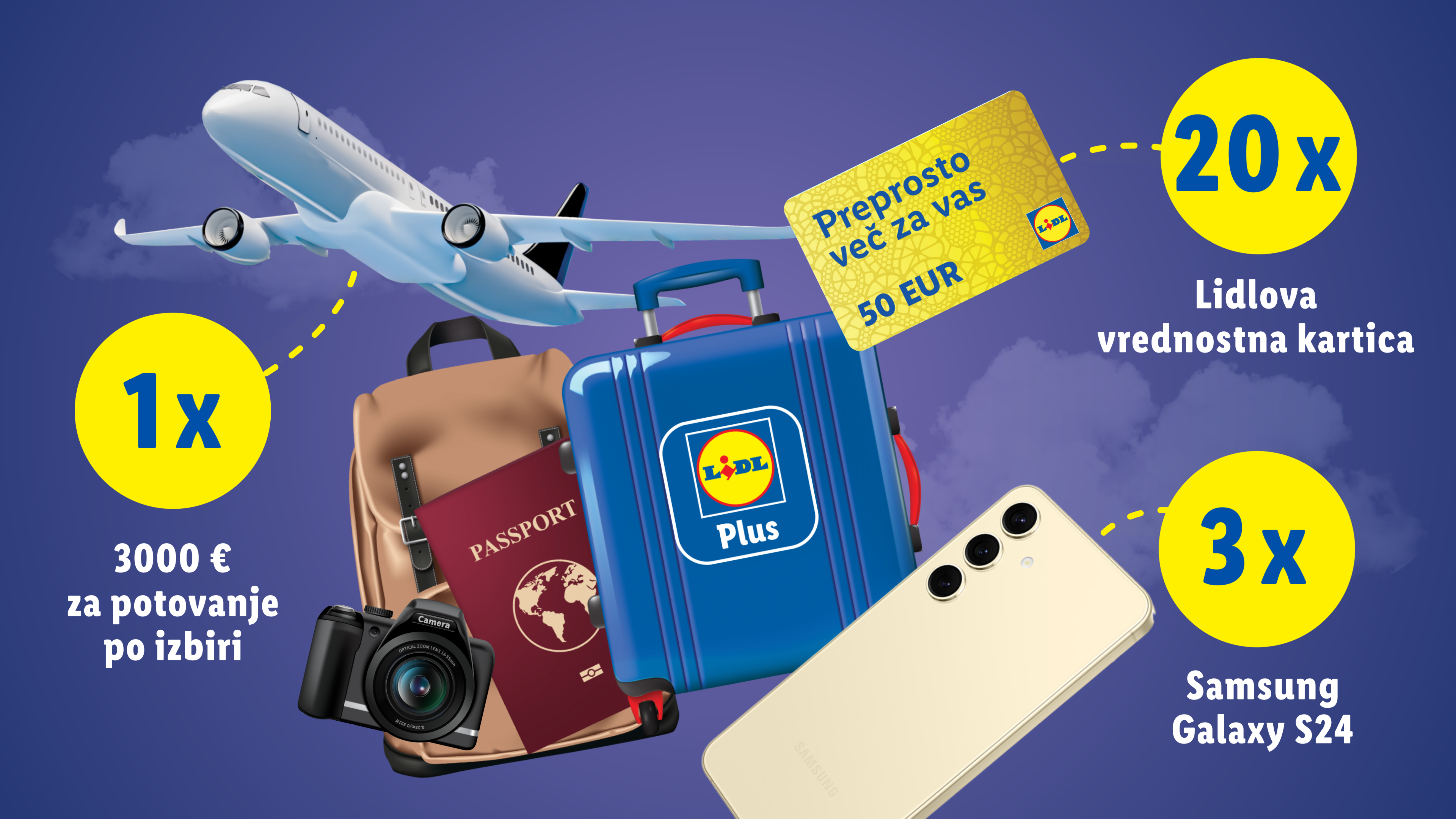 Nagradna igra z letalom, kovčki, potnim listom, fotoaparatom, telefonom Samsung Galaxy S24 in Lidl darilnimi karticami.